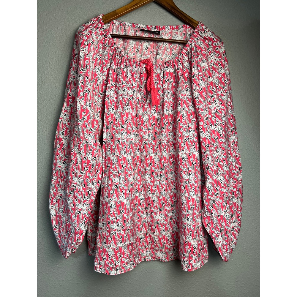 Lane Bryant Pink Floral Peasant Artsy Blouse Tassel Tie Long Sleeve Top Size 16
